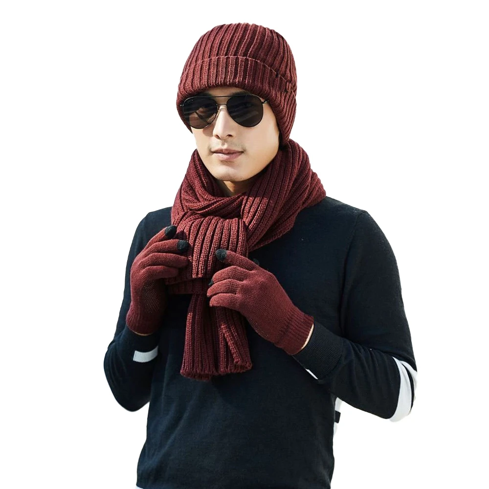 Winter Slouchy Beanie Pure Color Hat &amp Scarf Touchscreen Gloves Three-piece Set Autumn Fashion Warmer Unisex Cap |