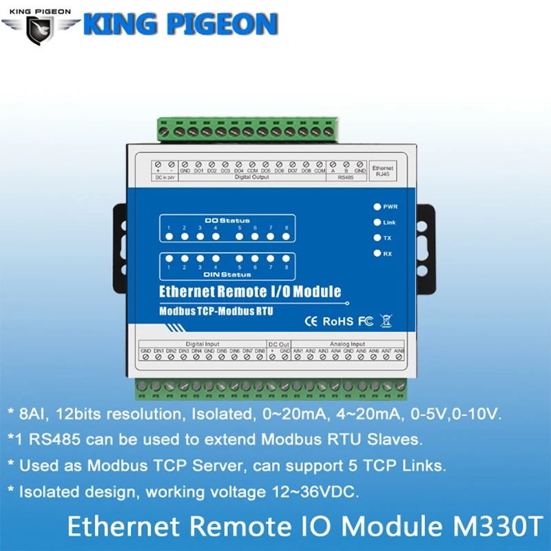 8 изолированных аналоговых входов модуль поддерживает 0~ 20mA 4~ 20mA 0-5VDC 0-10VDC Modbus TCP Ethernet сетевое удаленное IO модуль M330T