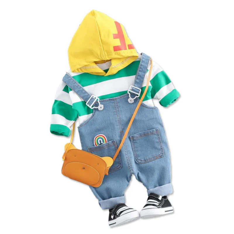 

New Spring Autumn Baby Girls Boys Clothes Children Striped Hooded T Shirt Overalls 2-piece Infant Clothing Suit Toddler Costume