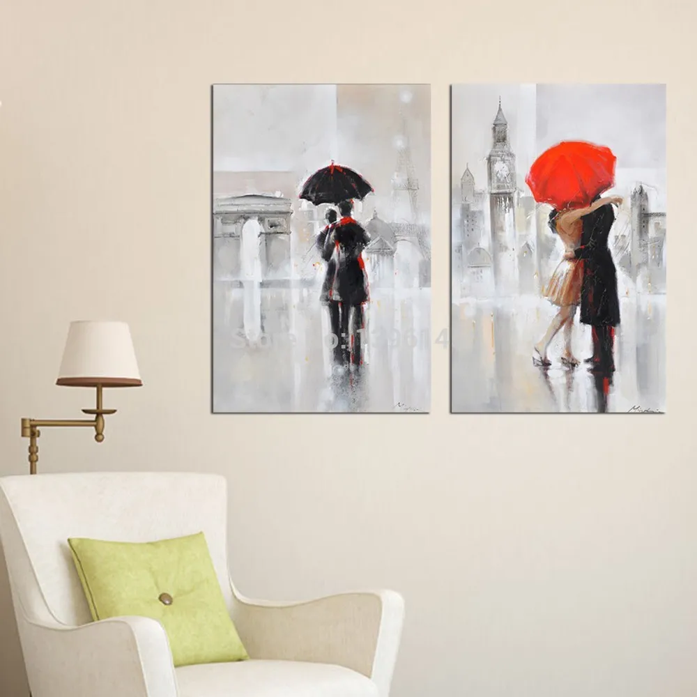 Искусство Ручная роспись маслом пейзаж романтическая пара Поцелуй под зонтиков