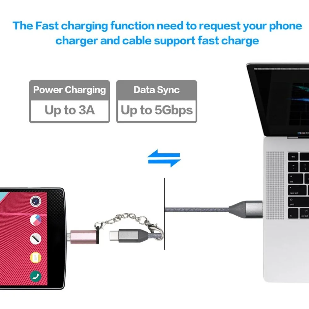 Мини Портативный алюминиевый USB-C к микро-usb адаптер с брелком Анти-потери USB type-C микро usb переходник