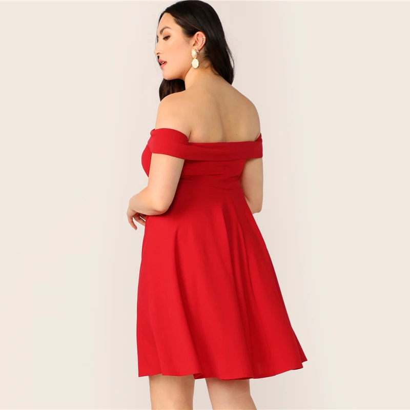 SHEIN, платье трапециевидной формы с открытыми плечами размера плюс,, женское летнее элегантное милое однотонное платье с высокой талией