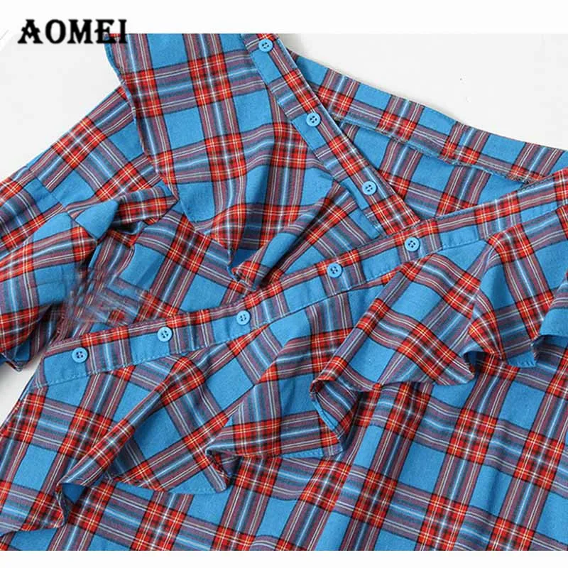 Summer Blouse Shirt Fashion Tops with Ruffles Button up Blusas Casual Girls Plaid Gingham Elegant Ladies Women Clothing |