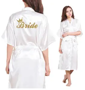 Женское длинное кимоно, золотистое блестящее кимоно с принтом короны невесты, халат для девичника, Свадебный халат из искусственного шелка