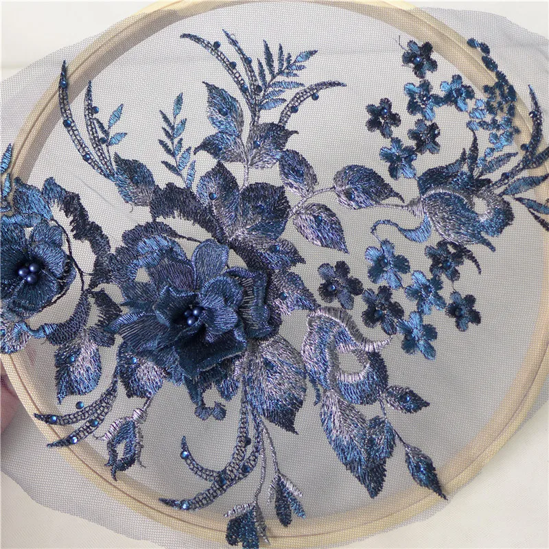 

2 pc Delicate 3D Floral Tulle Embroidered Pearl Beaded Lace Applique Flower Lace Trim Dress DIY Lace Fabrics Material