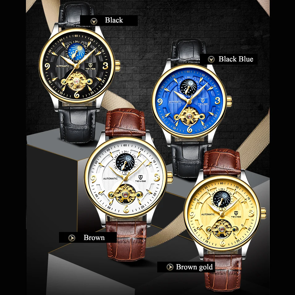 TEVISE автоматические механические часы Tourbillon мужские кожаные деловые