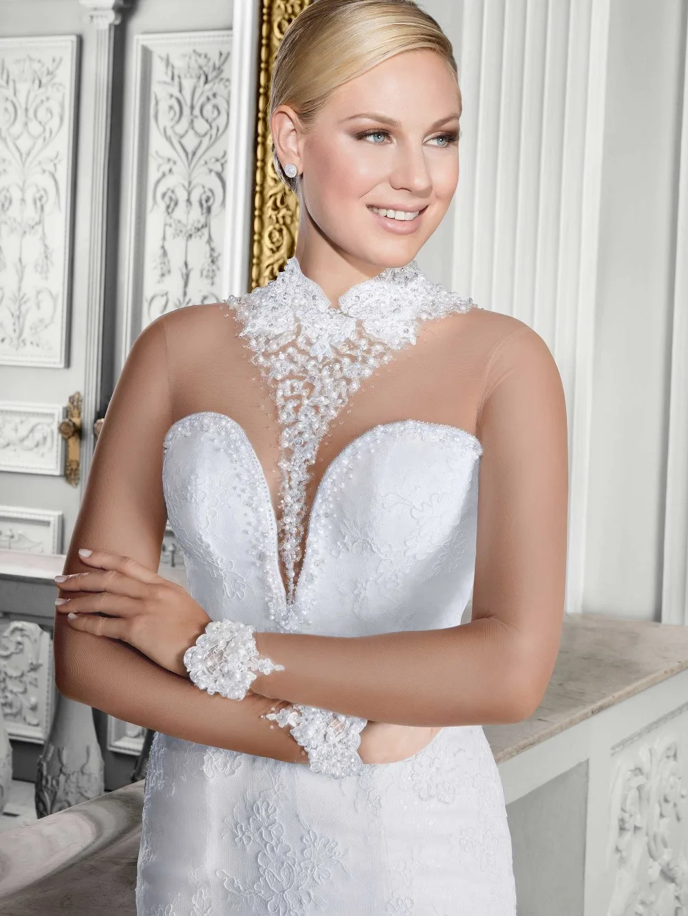 Vestido de Noiva Renda High Neck Sexy Mermaid Wedding Dresses Long Sleeves Lace Dress 2017 Bead Robe Mariage gelinlik | Свадьбы и