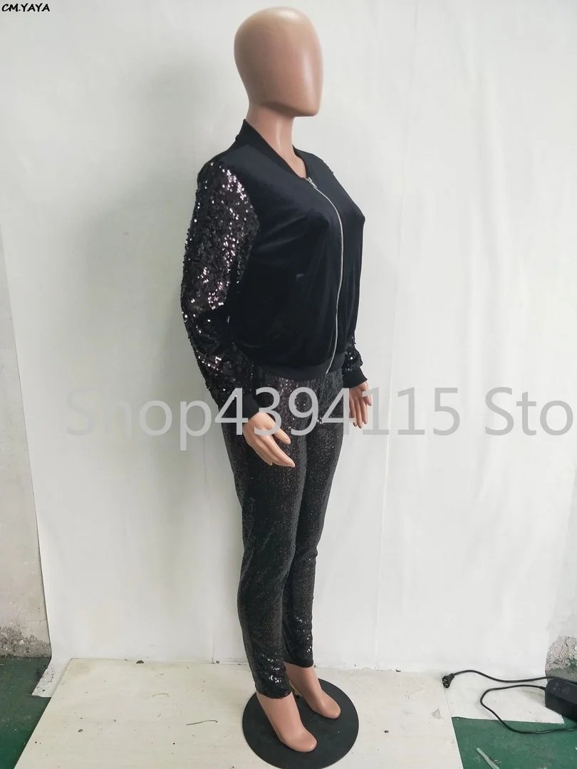 women new 2019 sequins splicing zip up top skinny pencil long pants suits two piece set party tracksuit outfit black | Женская одежда