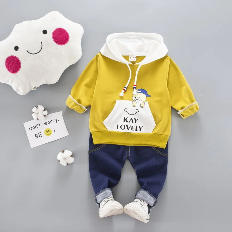 JIOROMY 2019 Boy Baby Suit Cartoon Bear Cap Hooded Shirt + Jeans Fashion Rest 2 Set Children's Clothes Pants Kids Red Green | Детская