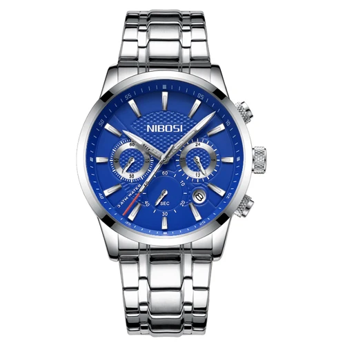 Silver Blue Metal NIBOSI Relogio Masculino мужские s часы лучший бренд класса люкс из розовой стали Кварцевые часы мужские повседневные спортивные наручные часы с хронографом Saat - Цвет: Silver Blue Metal