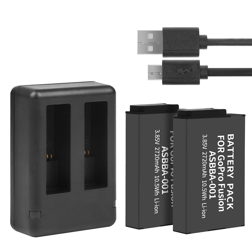 SHOOT 2 шт ASBBA-001 ASBBA 001 2720 мАч батарея для GoPro Fusion с двойным USB зарядным устройством для Go Pro Fusion 360 градусов Экшн-камера
