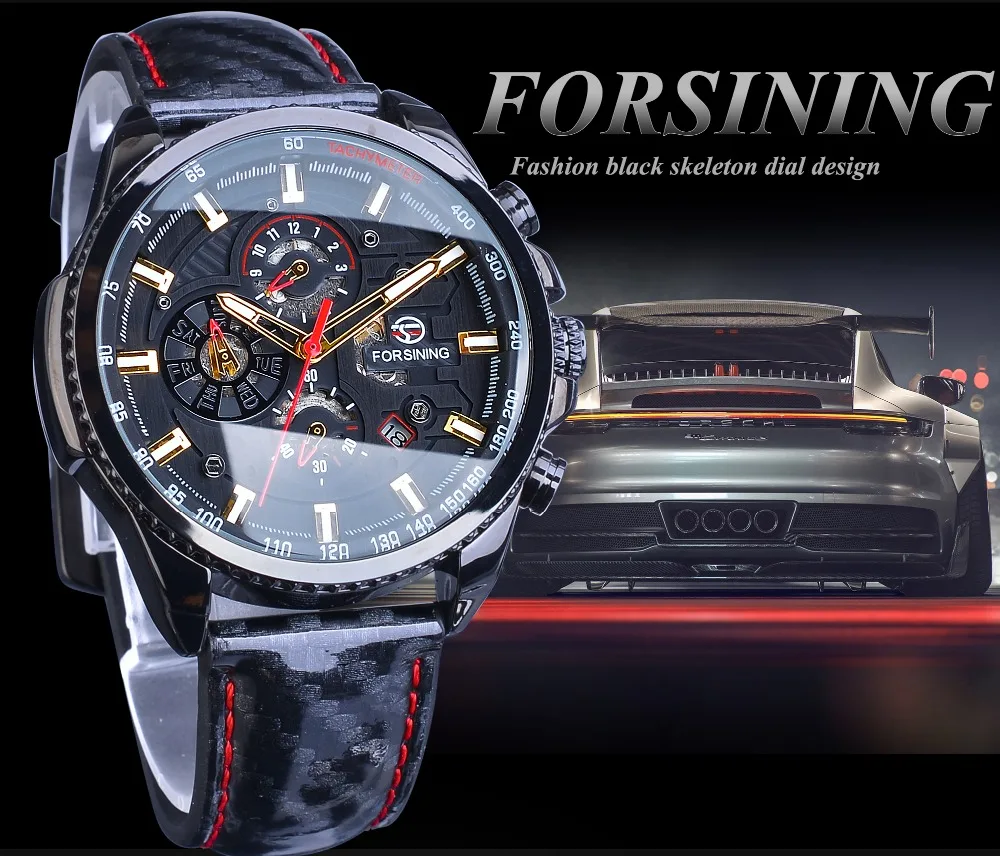 Forsining, черные, автоматические, скоростные, для гонок, мужские спортивные часы, 3 циферблата, дата, день, блестящий, полированный, кожаный ремешок, механические, Relojes Hombre