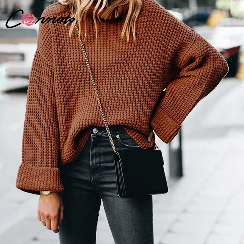 Conmoto Solid White Casual Sweater Women Turtleneck Long Sleeve High Street Fashion Sweaters Winter Knitwear Jumpers | Женская одежда