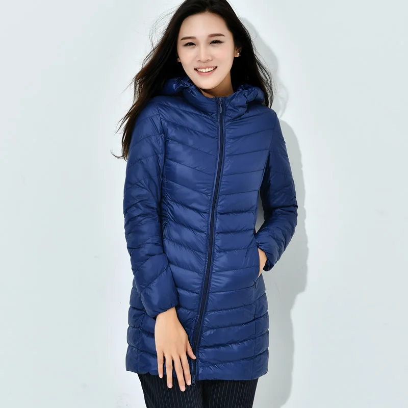 Модный зимний ультра легкий пуховик 90% утиный пух куртки с капюшоном длинное
