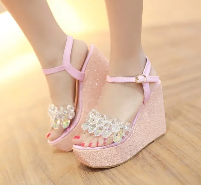 pink AIYKAZYSDL/женские элегантные босоножки; Свадебная обувь; прозрачные босоножки с ремешками на лодыжках; обувь на танкетке и толстом каблуке - Цвет: pink