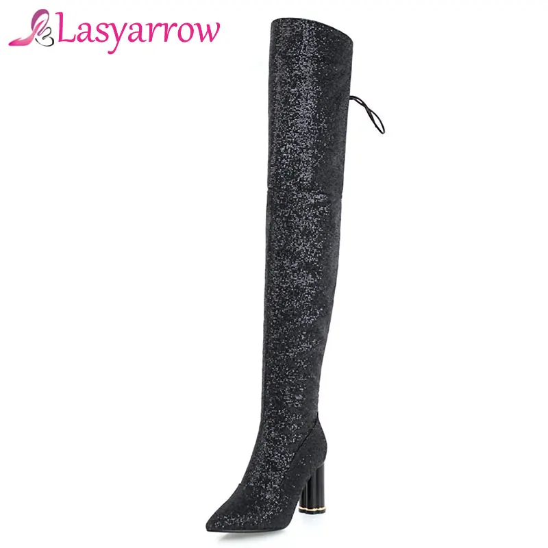 Lasyarrow Over the Knee Boots for Women Shoes Pointed Toe Lace Up High Heels Long Thigh Black Sexy Gold Silver F326 | Обувь