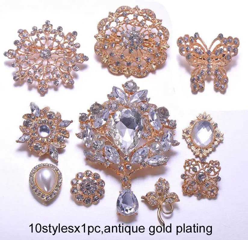 mixed styles S0336) 10 шт./лот, металлические стразы, брошь, набор для свадьбы, светильник, позолота, с булавкой на задней или плоской задней стороне, 10 стилей X1 pc - Окраска металла: mixed styles