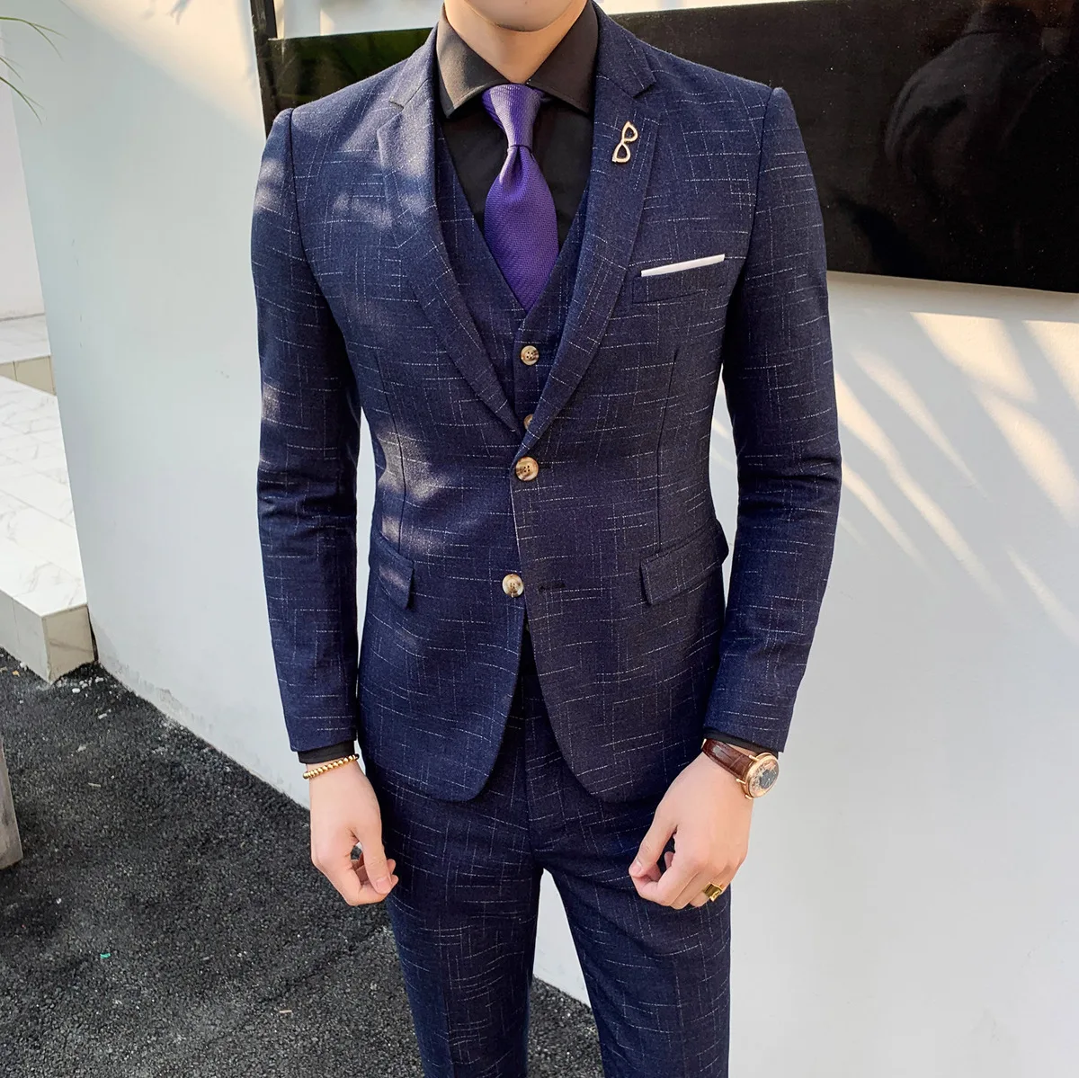 

Mens Single-breasted Slim Suits Traje Hombre 2019 Plaid Solid Color Work Professional 3 Pieces Suit Sets