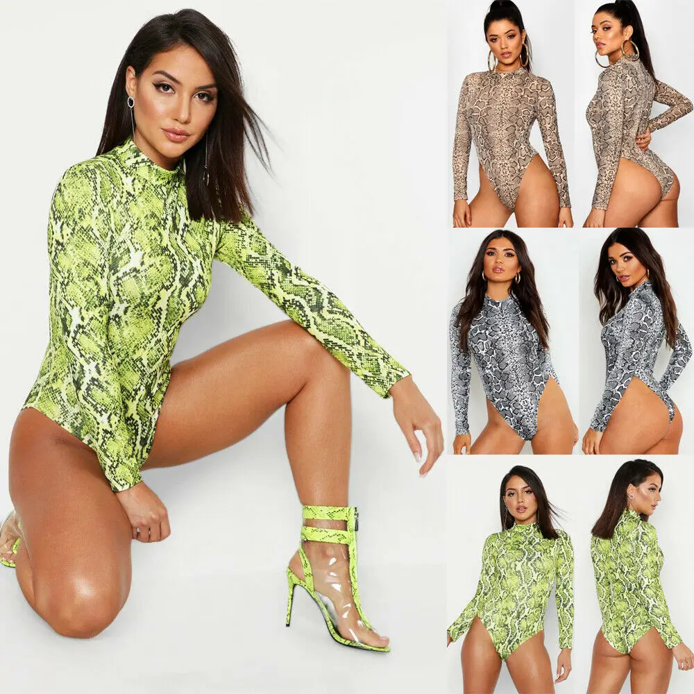 Women Sexy Snake Print Long Sleeve Summer Romper Top Clubwear Party Jumpsuit Bodysuit White Brown Green | Женская одежда