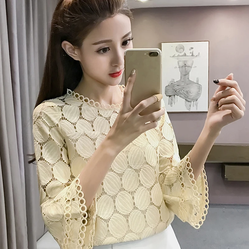 Bigsweety Hot Sale Sexy Hollow Out Shirts Womens Tops And Blouses Fashion Female Flare Sleeve O-Neck Clothes For Women Blusa | Женская
