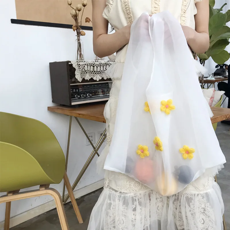 Прозрачные сумки из органзы с вышивкой шопперы для женщин женская Милая Летняя