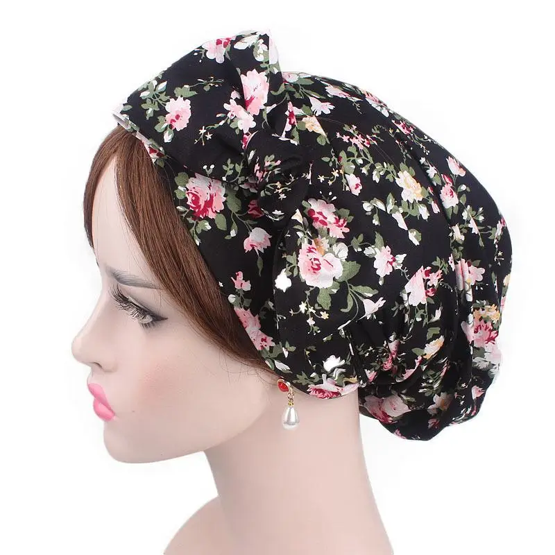 black pink flower Новая мода мусульманский женский хиджаб тюрбан голова Кепка шапка бини исламские женские аксессуары для волос мусульманский шарф шапка выпадение волос хлопок - Цвет: black pink flower
