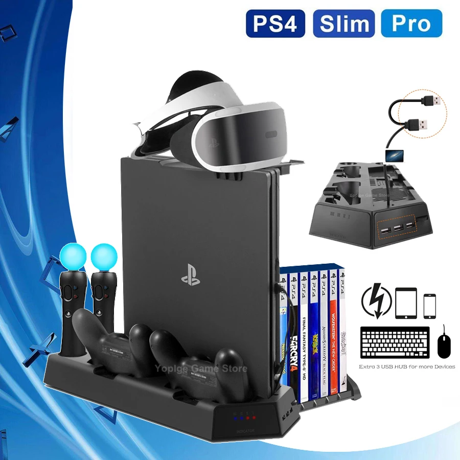 PS4 Slim Pro PS Move VR вертикальная подставка кулер охлаждающий вентилятор контроллер зарядное устройство зарядная док-станция для хранения PS 4 аксессуары