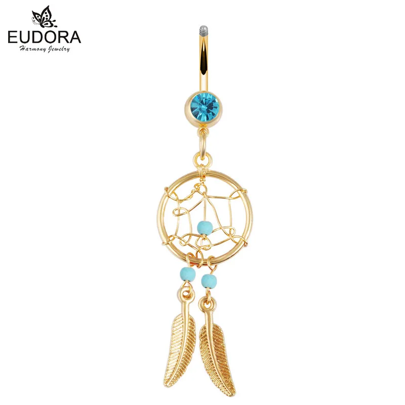 Ловец снов золото Цвет хирургические Сталь пирсинг пупка кольцо горный хрусталь