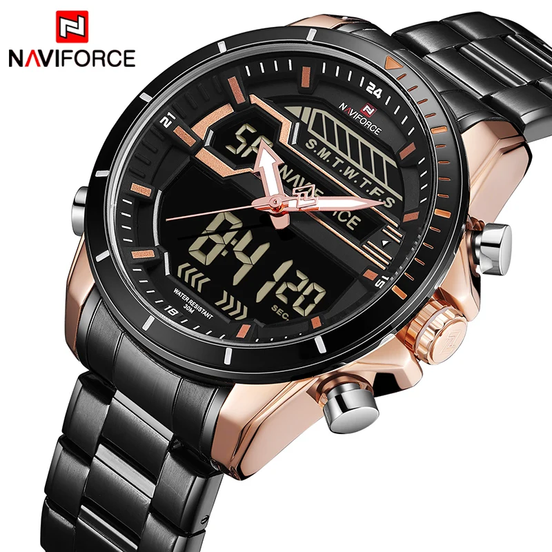 Часы наручные NAVIFORCE Мужские кварцевые брендовые Роскошные полностью стальные