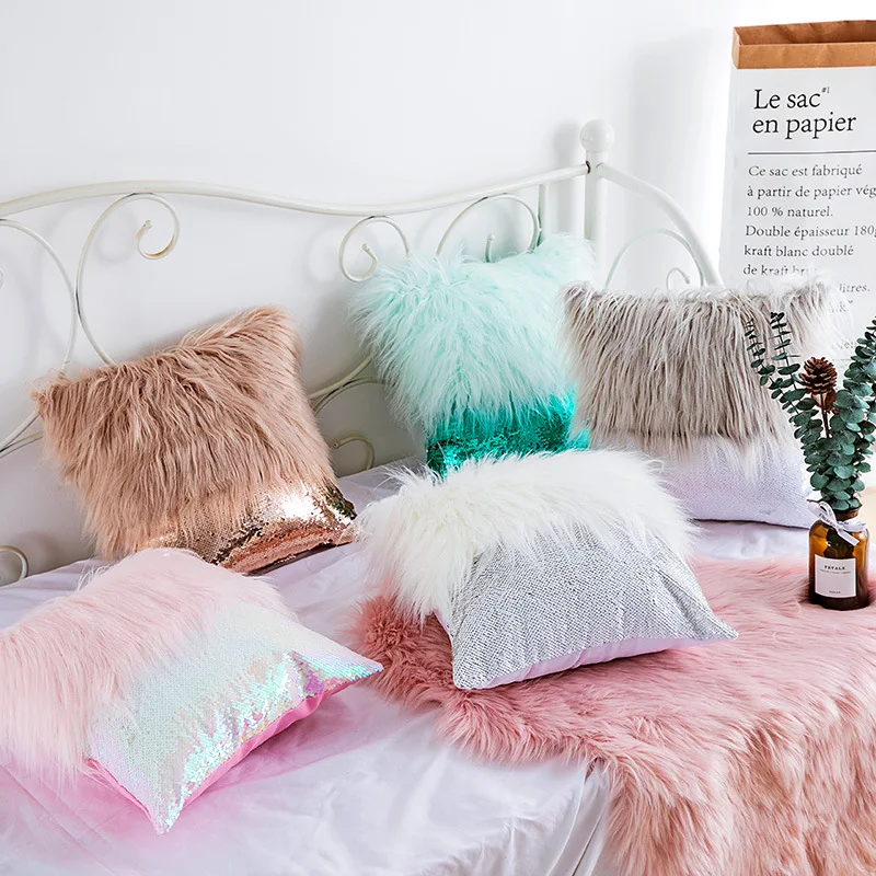 

New Plush Pillowcase long fur Sequins Gold Silver Cushion Cover Square Waist Throw Pillow Cover Gifts Faux Fur 45cm