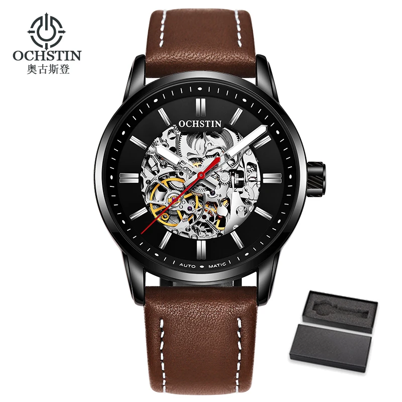 OCHES black with box Горячая мужские полые скелетные автоматические механические часы лучший бренд OCHSTIN кожаные деловые спортивные часы Relogio Masculino - Цвет: OCHES black with box
