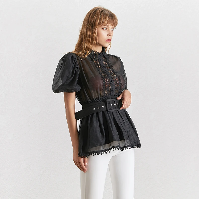 TWOTWINSTYLE Elegant Embroidery Patchwork Women Blouse Lapel Collar Half Sleeve Tunic Chiffon Shirt Female Fashion Summer