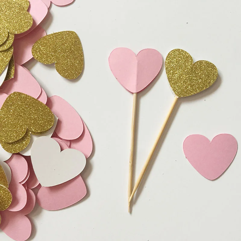 Блестящие золотистые/розовые двусторонние топперы для кексов в форме сердца 1