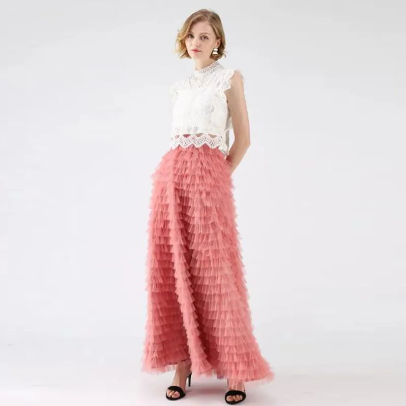 

Women's Skirts Rouge Pink Tiered Pleated Ankle Length Tulle Skirts Women Maxi Skirt New Design Tulle Skirt Fashion Custom Made