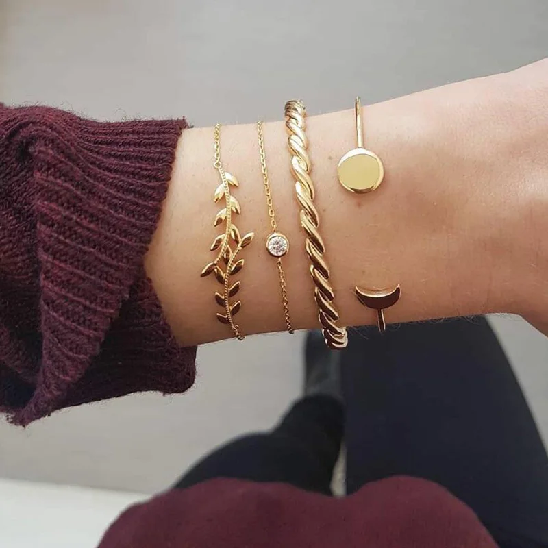 

XIYANIKE 4PCS/Set Opening Leaf Moon knot Charm Cuff Bracelets Set for Women Gold Alloy Bracelet Boho Jewelry Accessories B21