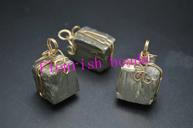 Натуральный пирит обернутый проволокой грубый камень Квадратный Кулон модное