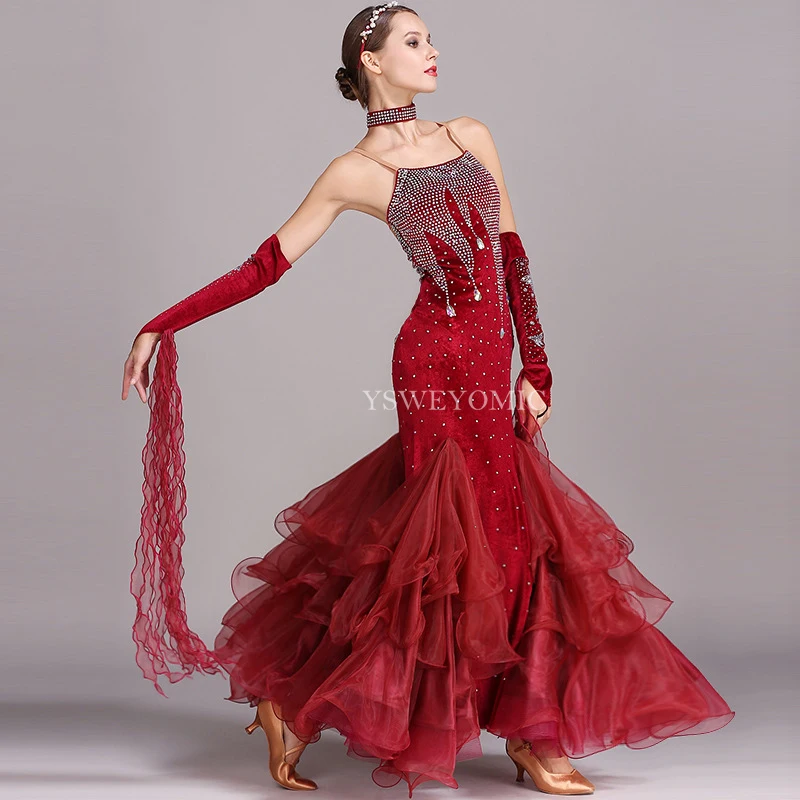 

Long Ballroom Dresses Modern Dance Skirt Big Swing Skirt Diamond Performance Costume Ballroom Dresses China S7016