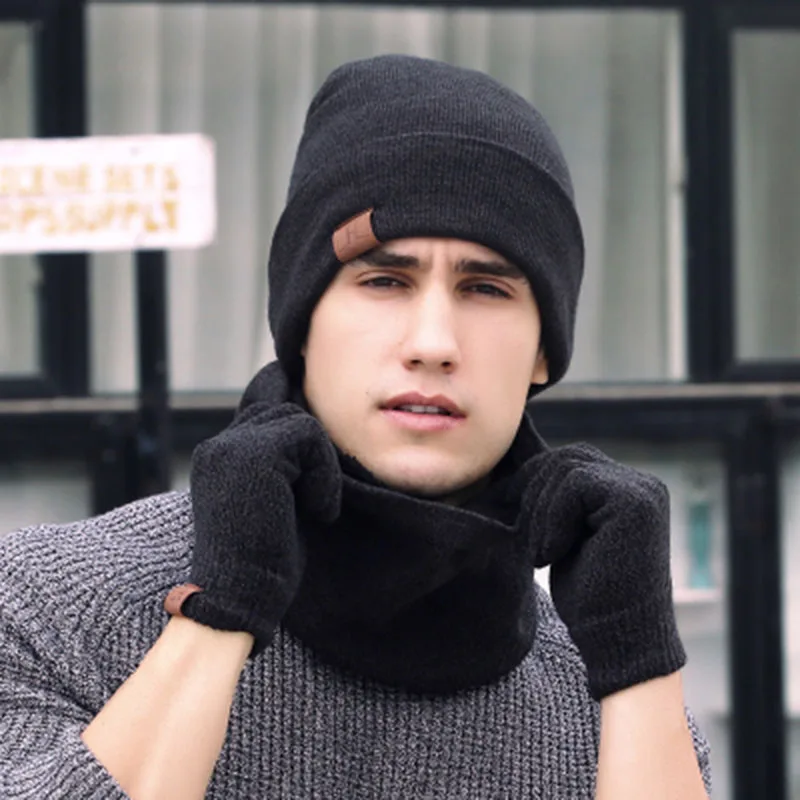 dark gray set 3 шт./компл. зимняя шапка, шарф, перчатки для мужчин и женщин, уличная Толстая теплая вязаная шапка, шарфы, перчатки - Цвет: dark gray set