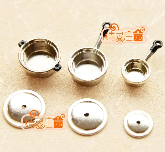 

A01-X293 children baby gift Toy 1:12 Dollhouse mini Furniture Miniature rement silver metal pot 3pcs
