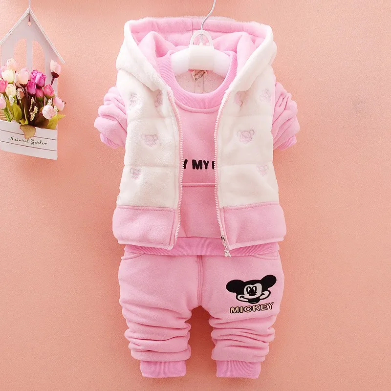 Baby Boy Clothes Autumn Winter New Cartoon Plus Velvet Thicken Vest+ Shirt+Pants 3Set Baby Girl Outfits Bebe Jogging Suit - Цвет: Розовый