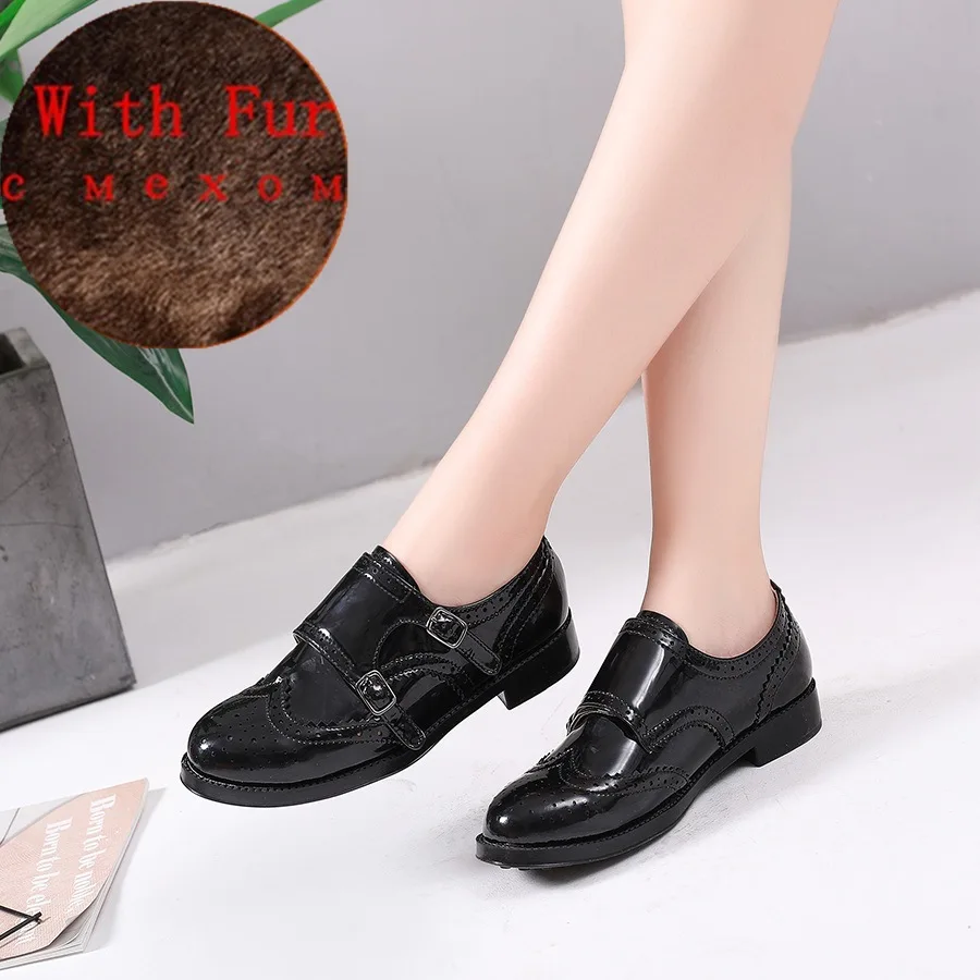 black with fur Г., Броги из натуральной коровьей кожи, повседневные дизайнерские винтажные женские балетки ручной работы, черные коричневые туфли-оксфорды для женщин с мехом - Цвет: black with fur