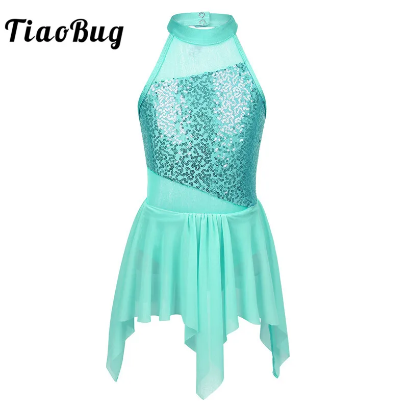 

TiaoBug Kids Teens Sequins Ballet Leotard Children Girls Ballet Tutu Irregular Dress Figure Skating Stage Lyrical Dance Costumes