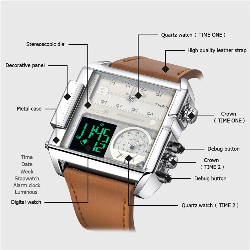 Новый дизайн LED Цифра двойной дисплей мужские часы большой размер квадратный