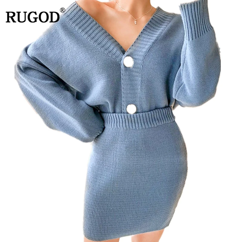 Женский вязаный костюм RUGOD Однотонный свитер с длинным рукавом и v-образным
