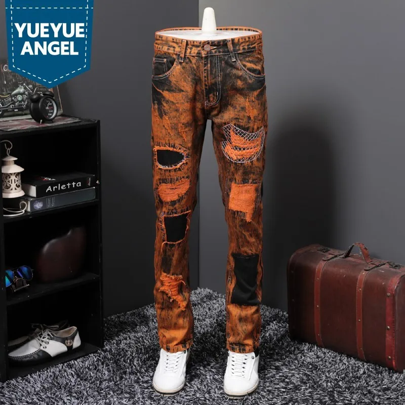 

Personality European Mens Vintage Hole Patch Denim Pants Full Length Straight Punk Style Plus Size Jeans Hombre Streetwear