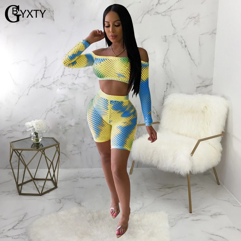 GBYXTY Tie Dye Print Fishnet Shorts Set Summer Beach Outfit Women Off Shoulder Long Sleeve Crop Top and 2 Piece ZL359 |