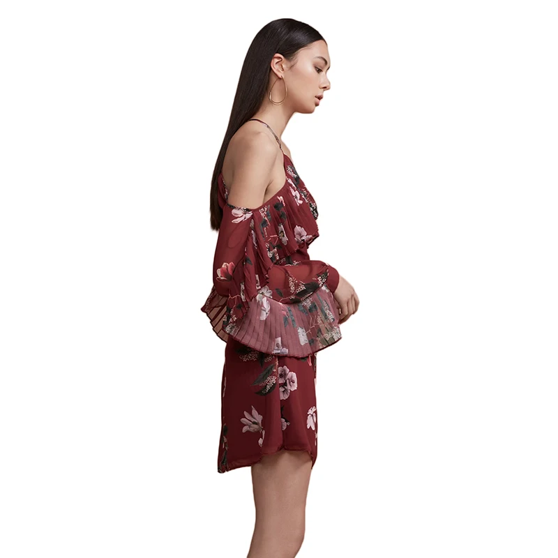 IRISIE Women Sexy Frills Patchwork Floral Print Off Shoulder Halter Mini Dress Vintage Long Sleeve Red A Line | Женская одежда
