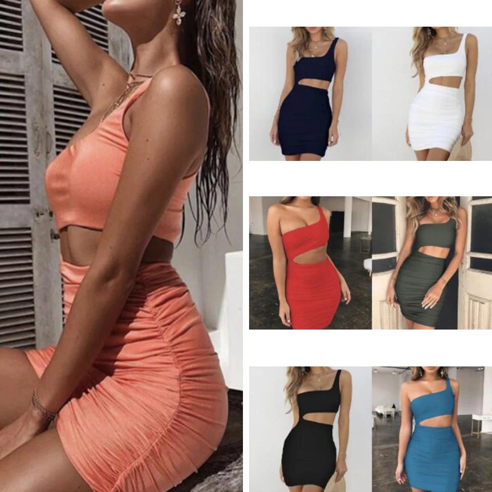 Женское мини-платье с разрезом облегающее на одно плечо в стиле панк вечернее