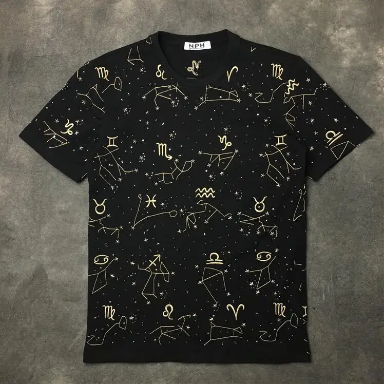 

New High 2017 Men Embroidery 12 constellation T Shirts kanye T-Shirt Hip Hop Skateboard Street Cotton T-Shirts Tee Top Top #B51