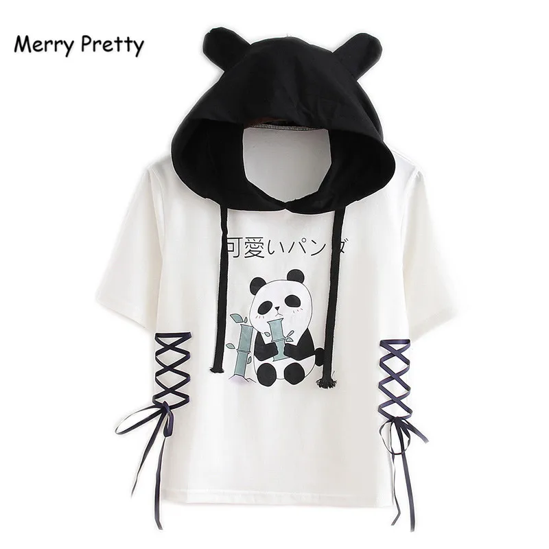 MERRY PRETTY, женские футболки с капюшоном,, короткий рукав, шнуровка, пэчворк, хлопок, футболка для женщин, мультяшная панда, короткий топ с принтом